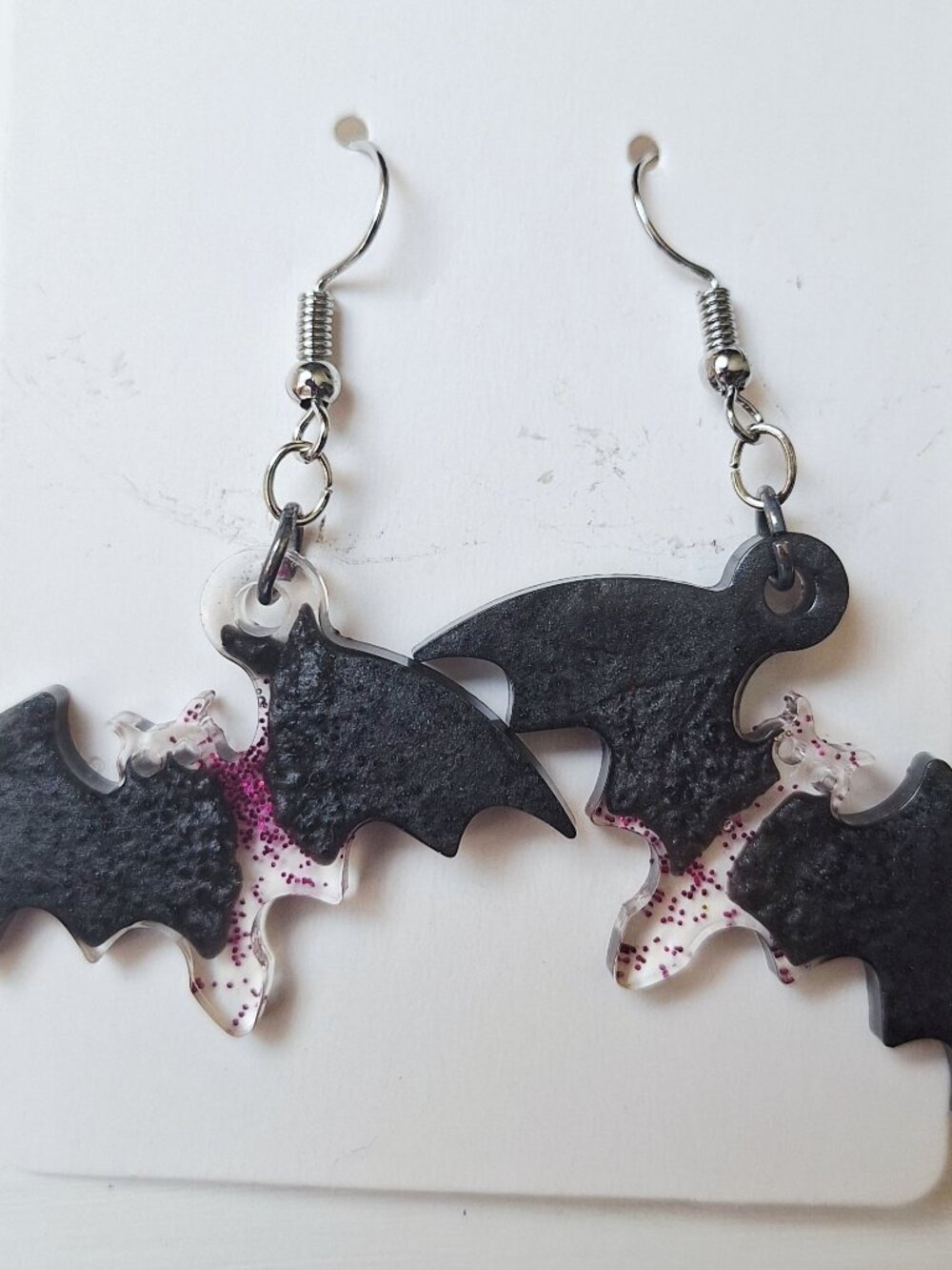 Black Bat Dangle Earrings – Pink Glitter Resin – Halloween Gothic Jewelry – Spoo